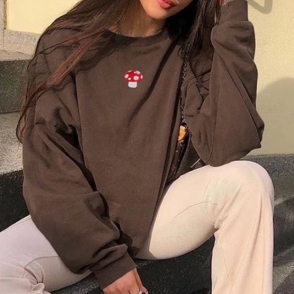 Mushroom Embroidery Brown Pull Over Sweatshirt - Picture 2 of 8